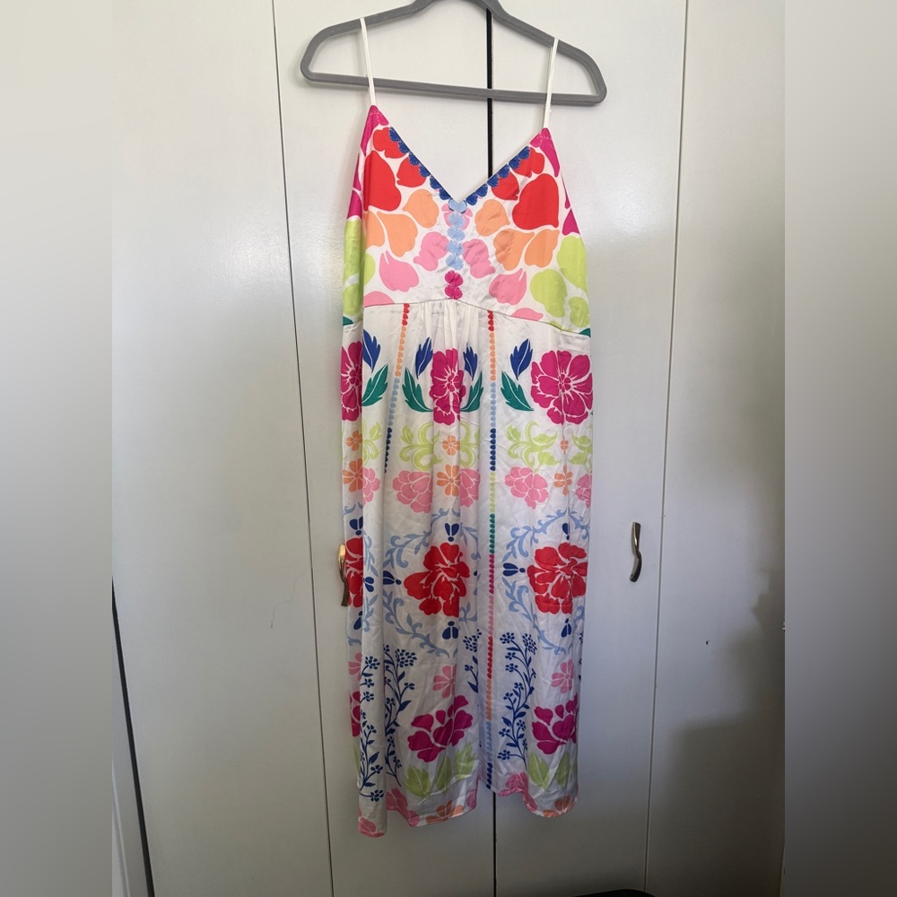 NWT Vibrant Satin Floral Midi Dress with Multicolor Print - Picture 2 of 6